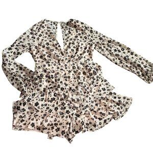 Illa Illa Long Sleeve Chiffon Style Floral Romper-Tan/Black-Size M-GUC